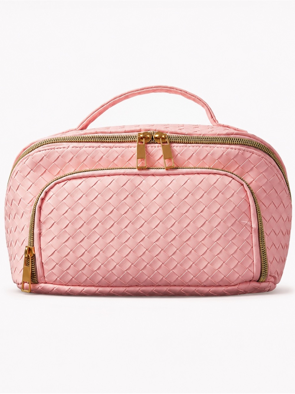 NWT Conair Pink Woven Cosmetic Travel Bag Makeup Organizer Gold Zip Case